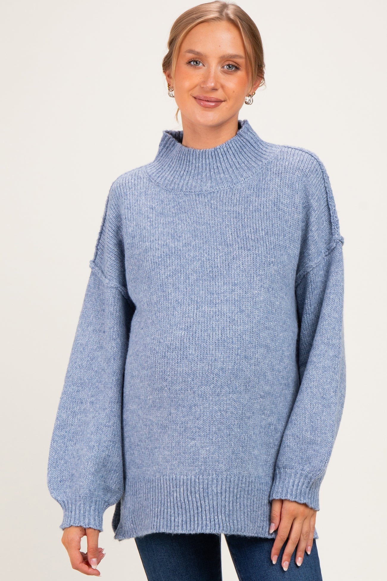 Blue Mock Neck Oversized Maternity Sweater