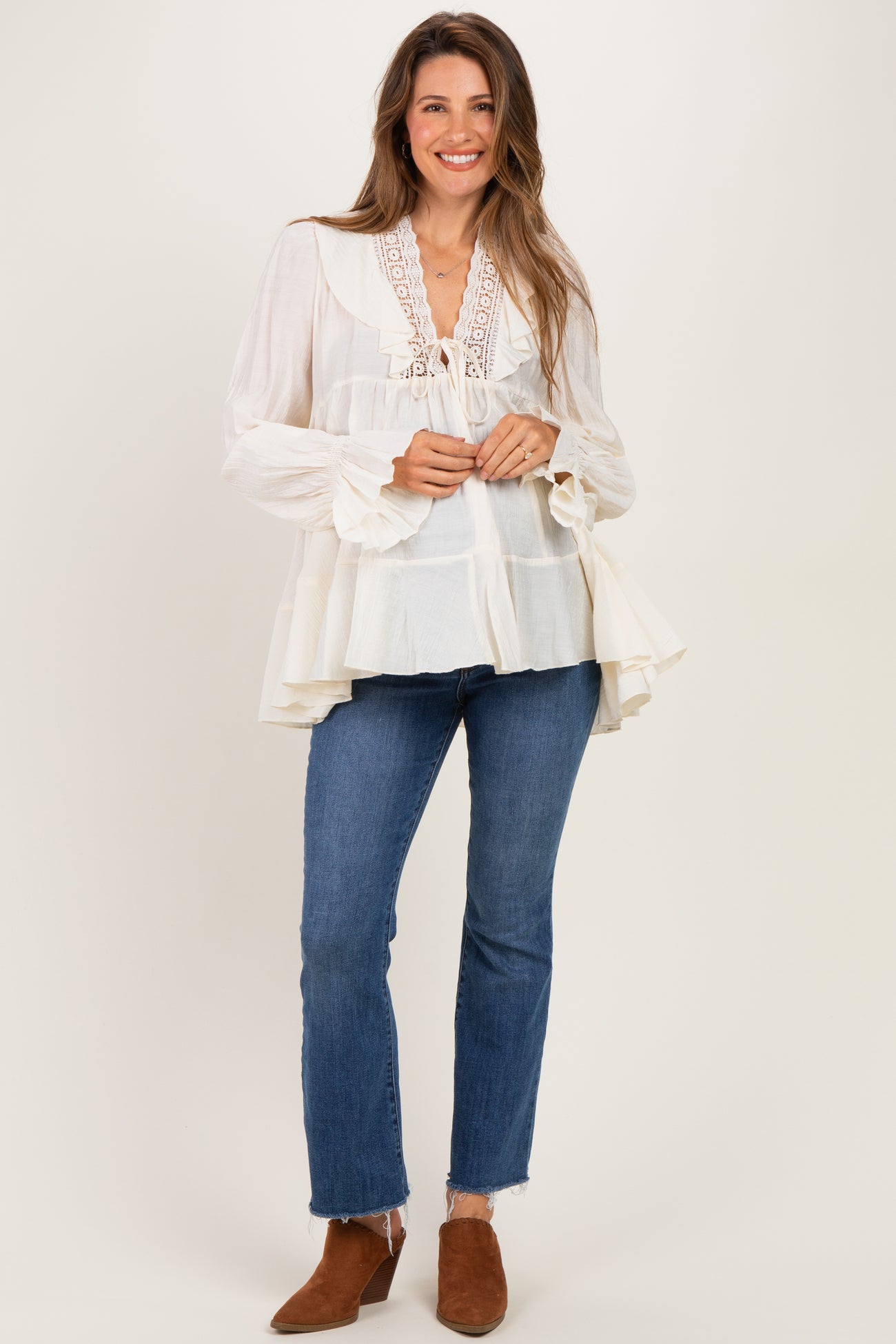 Cream Ruffle Lace Tie Neck Maternity Blouse