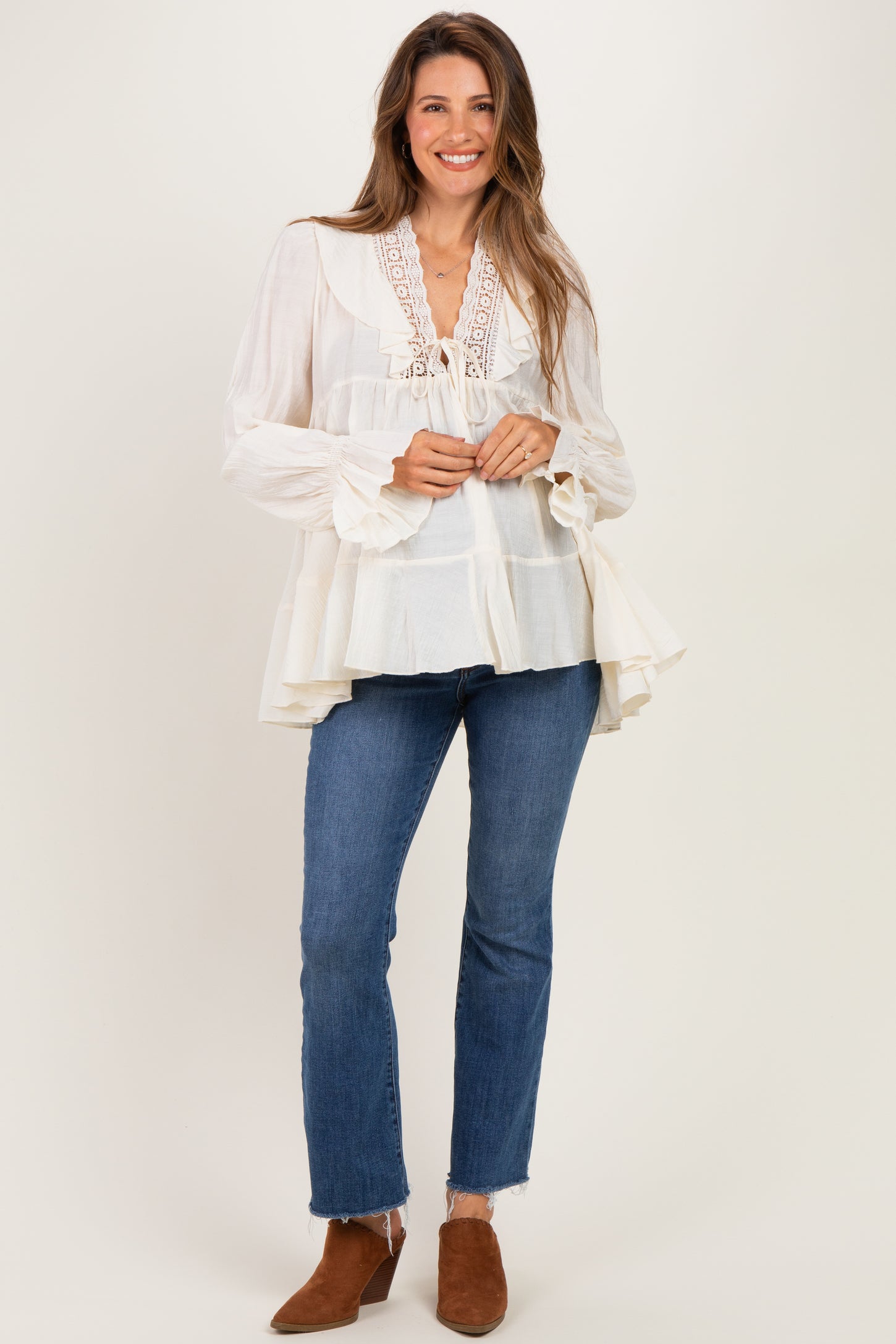 Cream Ruffle Lace Tie Neck Maternity Blouse