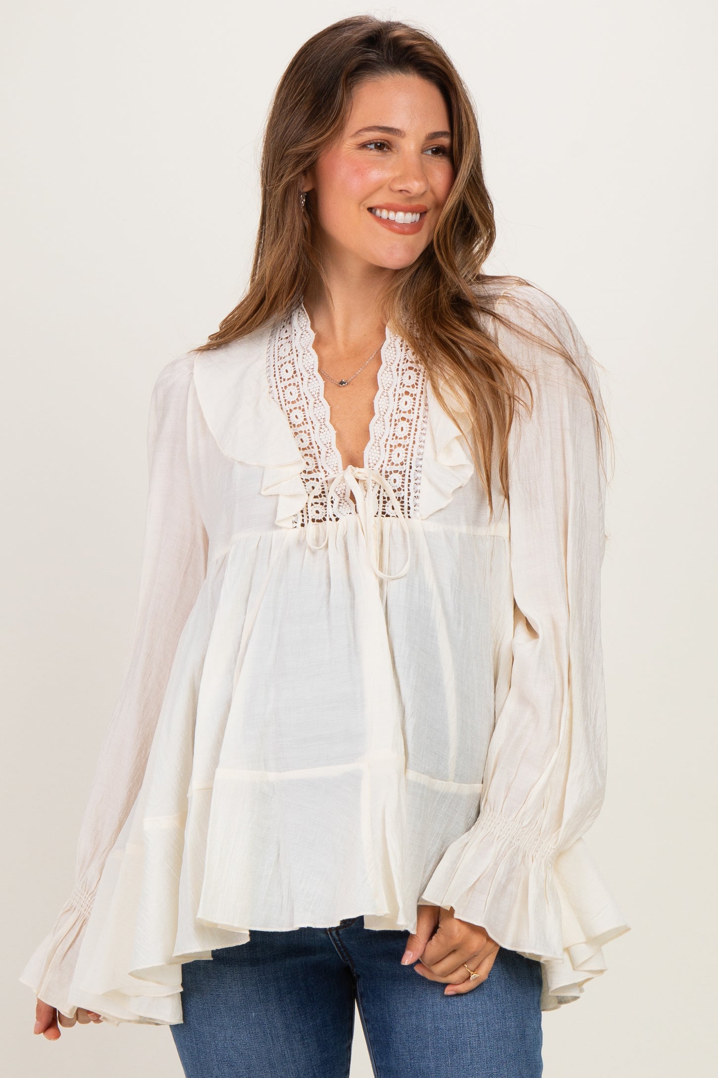 Cream Ruffle Lace Tie Neck Maternity Blouse
