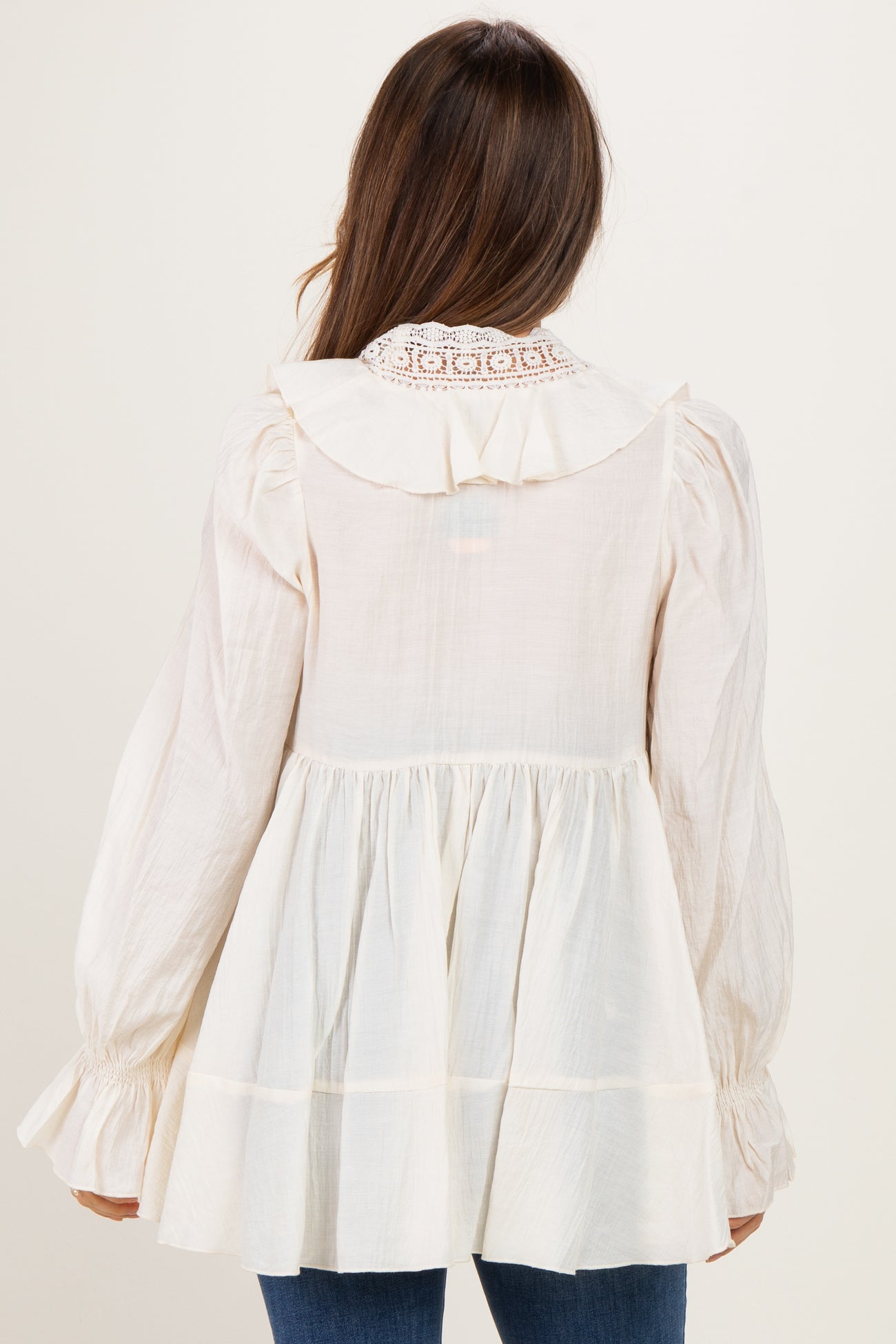 Cream Ruffle Lace Tie Neck Maternity Blouse