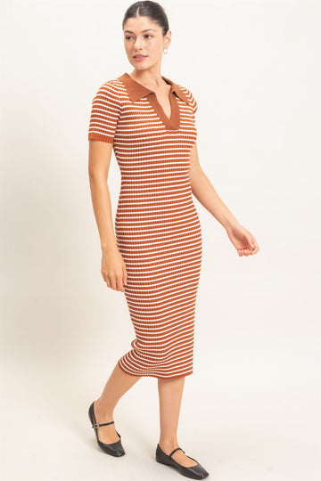 Brown Ribbed Striped Collared Midi Dress