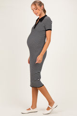 Black Ribbed Striped Collared Maternity Midi Dress