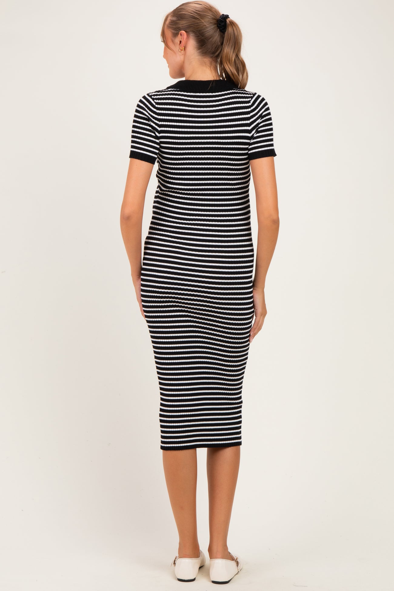 Black Ribbed Striped Collared Maternity Midi Dress