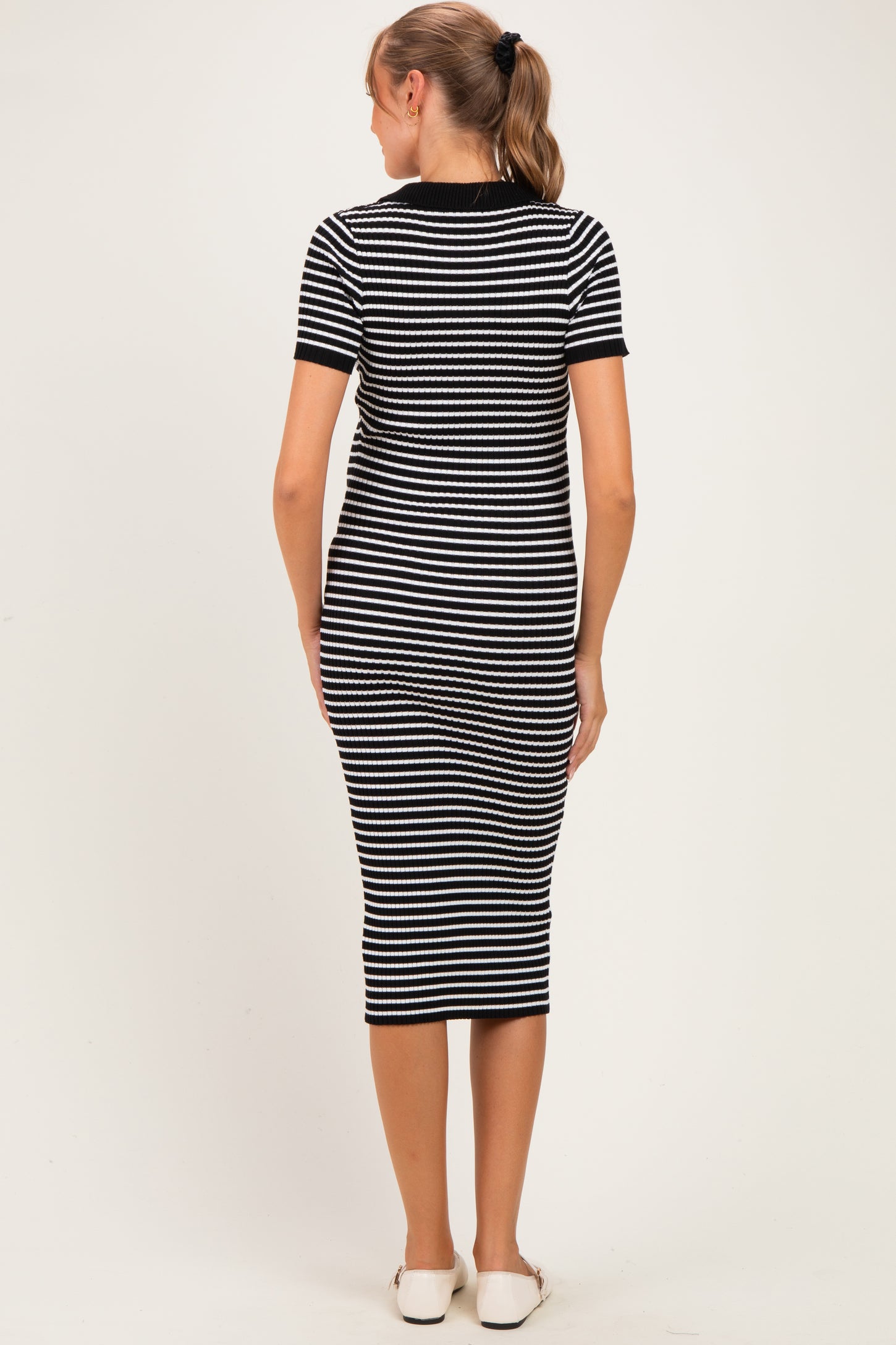 Black Ribbed Striped Collared Maternity Midi Dress