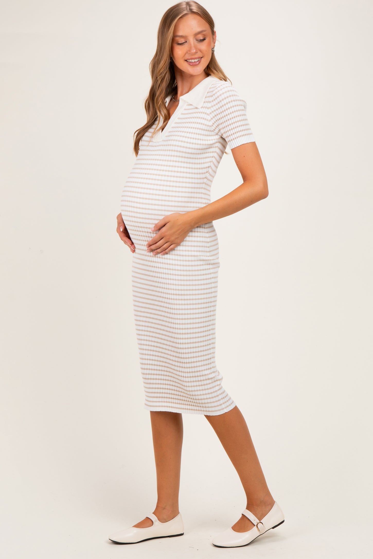 Cream Ribbed Striped Collared Maternity Midi Dress