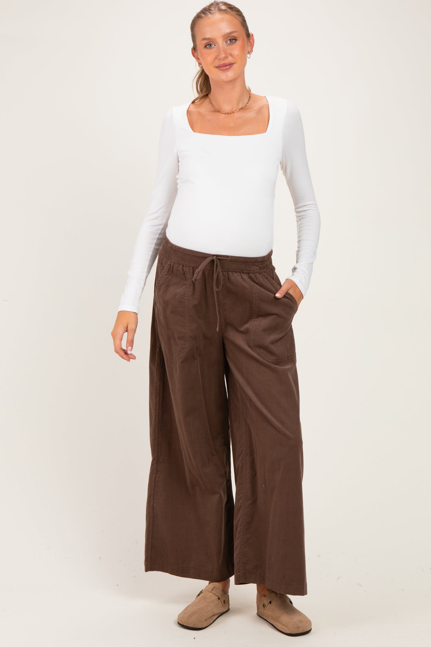 Brown Wide Leg Elastic Waistband Maternity Trousers