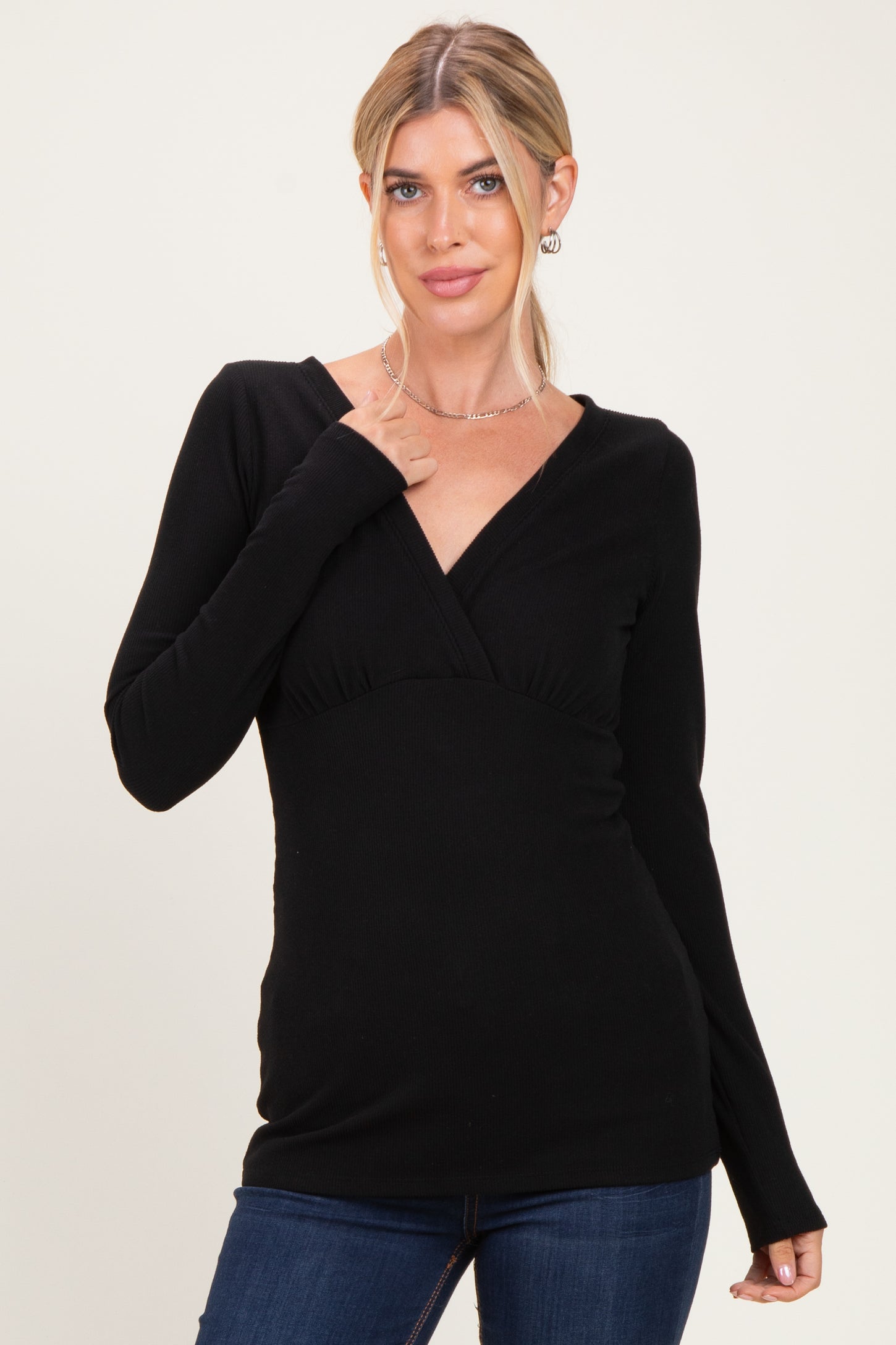 Black Fitted Long Sleeve Wrap V-Neck Top