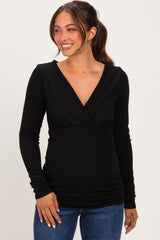 Black Fitted Long Sleeve Wrap V-Neck Maternity Top