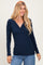 Navy Fitted Long Sleeve Wrap V-Neck Top