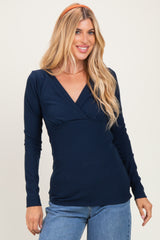Navy Fitted Long Sleeve Wrap V-Neck Maternity Top