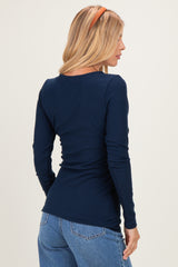 Navy Fitted Long Sleeve Wrap V-Neck Top