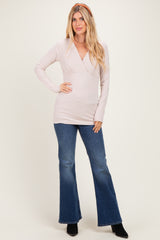 Beige Fitted Long Sleeve Wrap V-Neck Top