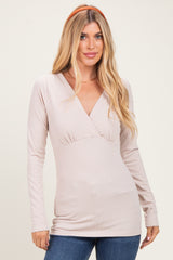 Beige Fitted Long Sleeve Wrap V-Neck Maternity Top