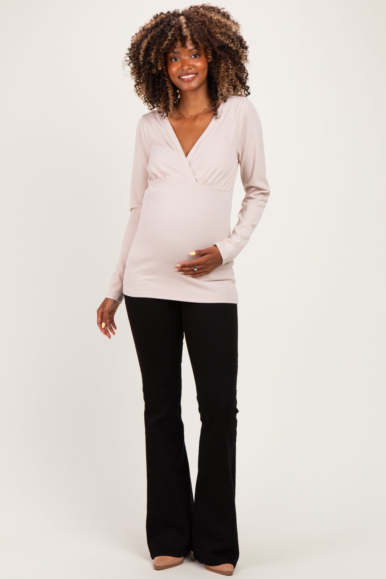 Beige Fitted Long Sleeve Wrap V-Neck Maternity Top