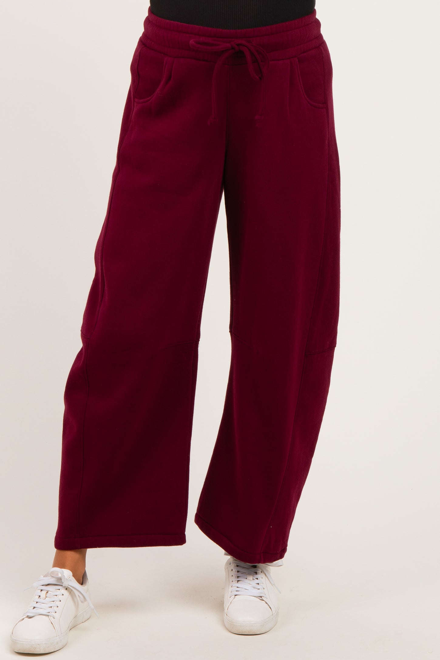 Dark Burgundy Fleece Barrel Leg Maternity Sweatpants
