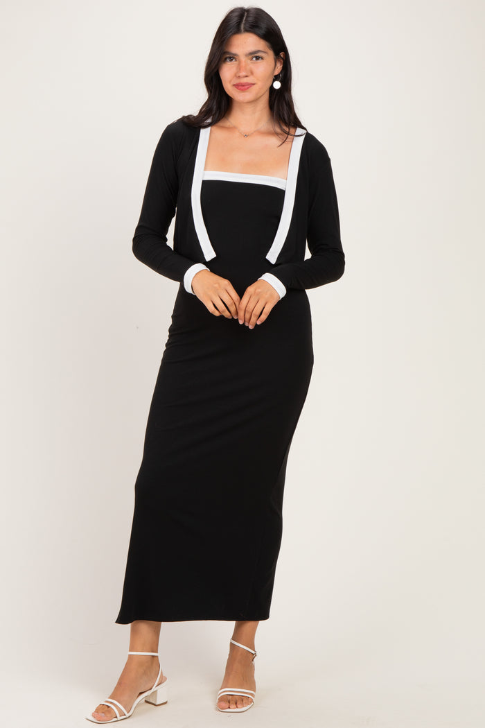 Black/ Cream Color Block Sleeveless Fitted Dress Maternity Cardigan Set