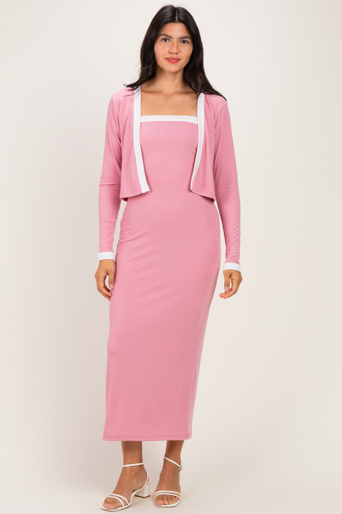 Mauve/ Cream Color Block Sleeveless Fitted Dress Maternity Cardigan Set