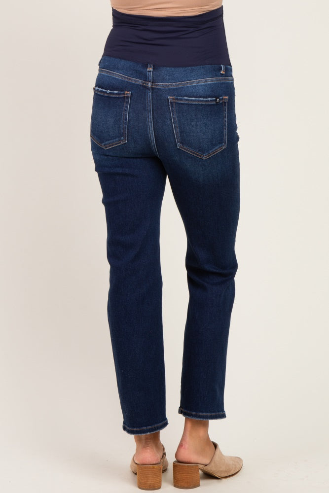 Navy Dark Wash Cropped Slim Straight Leg Maternity Jeans