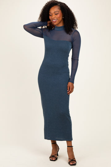 Hunter Green Ribbed Knit Mock Neck Long Sleeve Maxi Dress