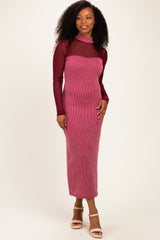 Dark Mauve Ribbed Knit Mock Neck Long Sleeve Maternity Maxi Dress