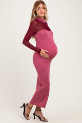 Dark Mauve Ribbed Knit Mock Neck Long Sleeve Maternity Maxi Dress