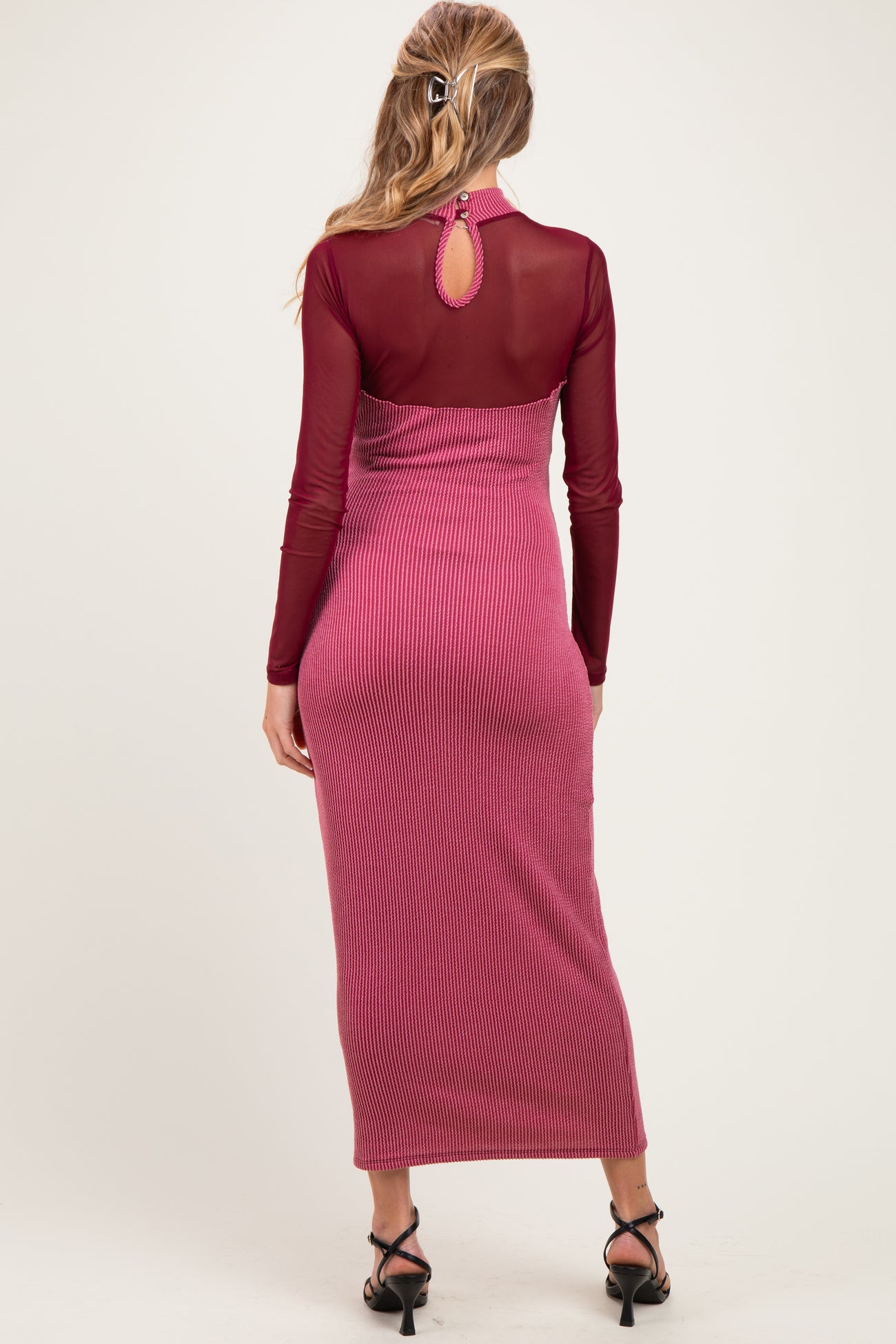Dark Mauve Ribbed Knit Mock Neck Long Sleeve Maternity Maxi Dress