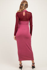 Dark Mauve Ribbed Knit Mock Neck Long Sleeve Maternity Maxi Dress