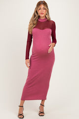 Dark Mauve Ribbed Knit Mock Neck Long Sleeve Maternity Maxi Dress