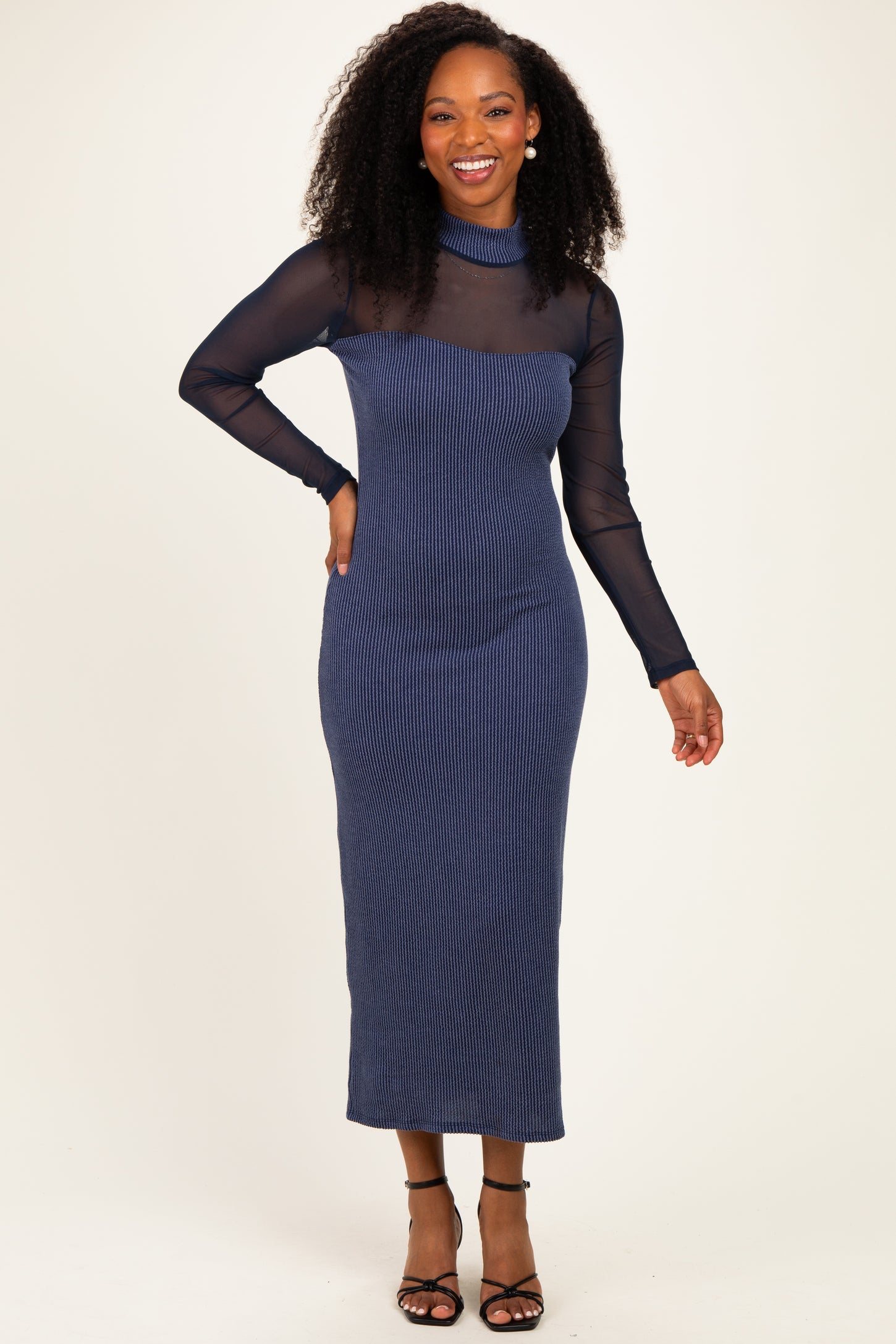Navy Ribbed Knit Mock Neck Long Sleeve Maxi Dress – PinkBlush