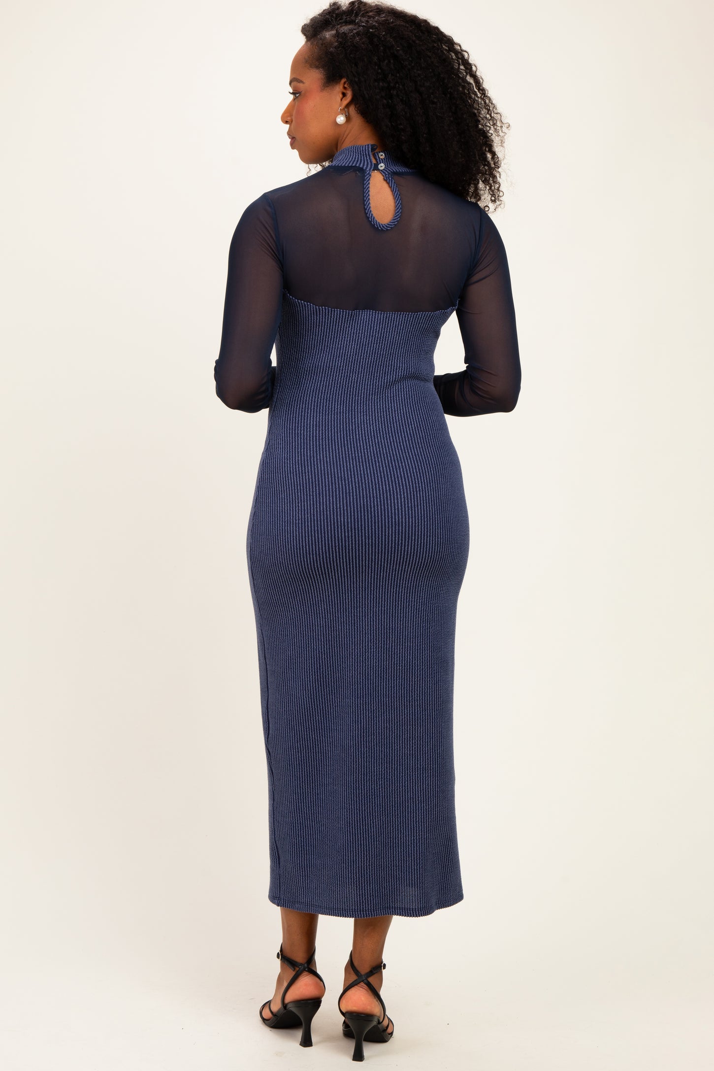 Navy Ribbed Knit Mock Neck Long Sleeve Maxi Dress – PinkBlush