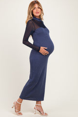 Navy Ribbed Knit Mock Neck Long Sleeve Maternity Maxi Dress