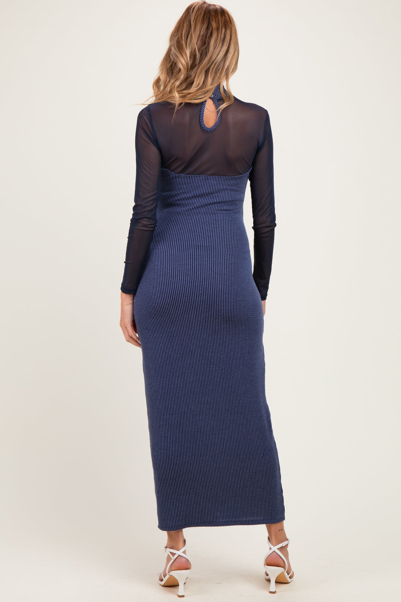 Navy Ribbed Knit Mock Neck Long Sleeve Maternity Maxi Dress