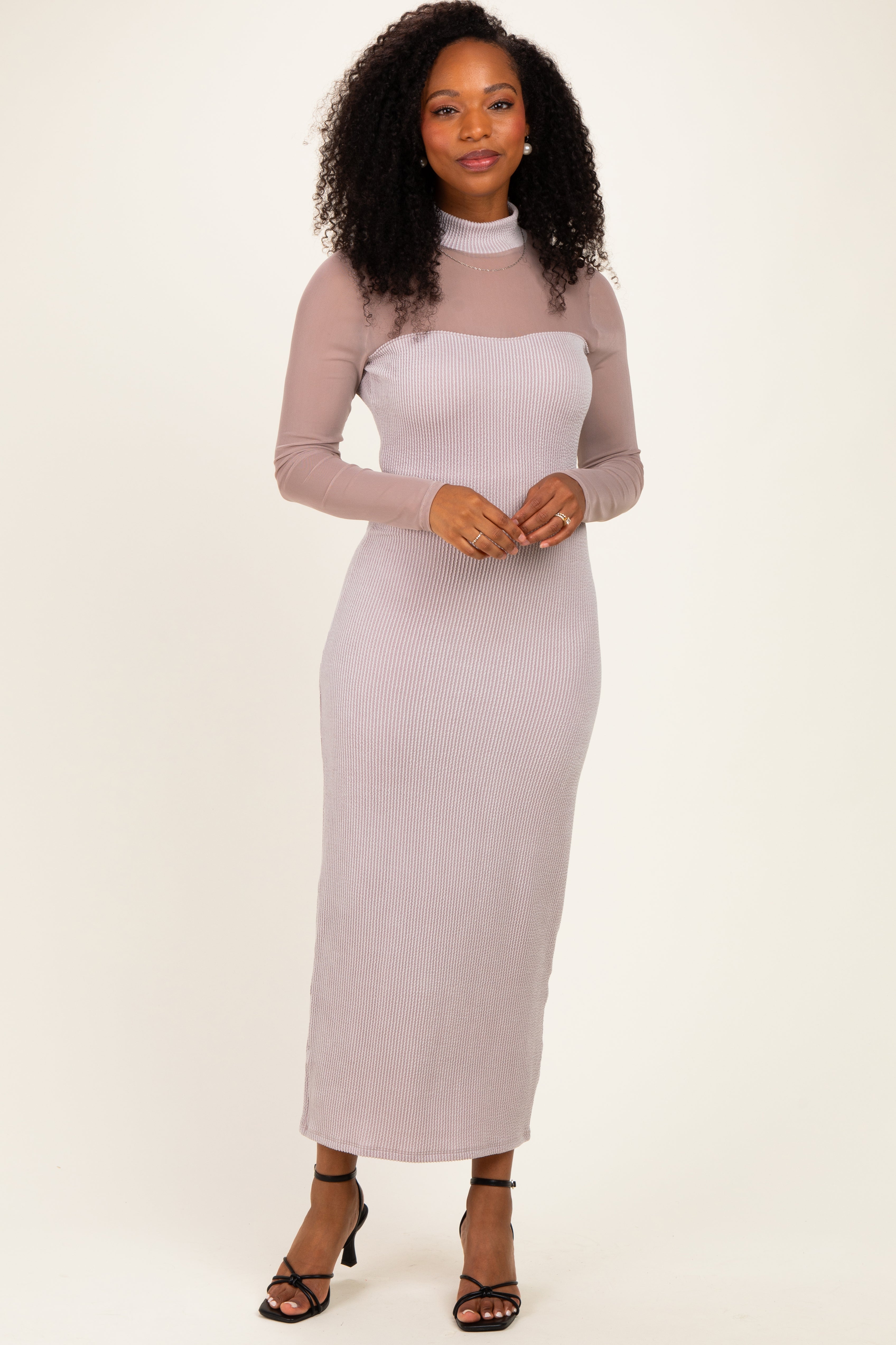 Beige Ribbed Knit Mock Neck Long Sleeve Maternity Maxi Dress – PinkBlush