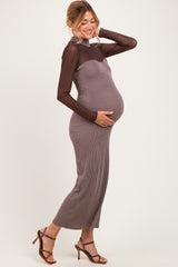 Brown Ribbed Knit Mock Neck Long Sleeve Maternity Maxi Dress
