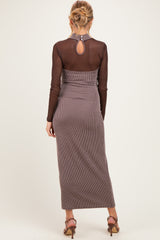 Brown Ribbed Knit Mock Neck Long Sleeve Maternity Maxi Dress