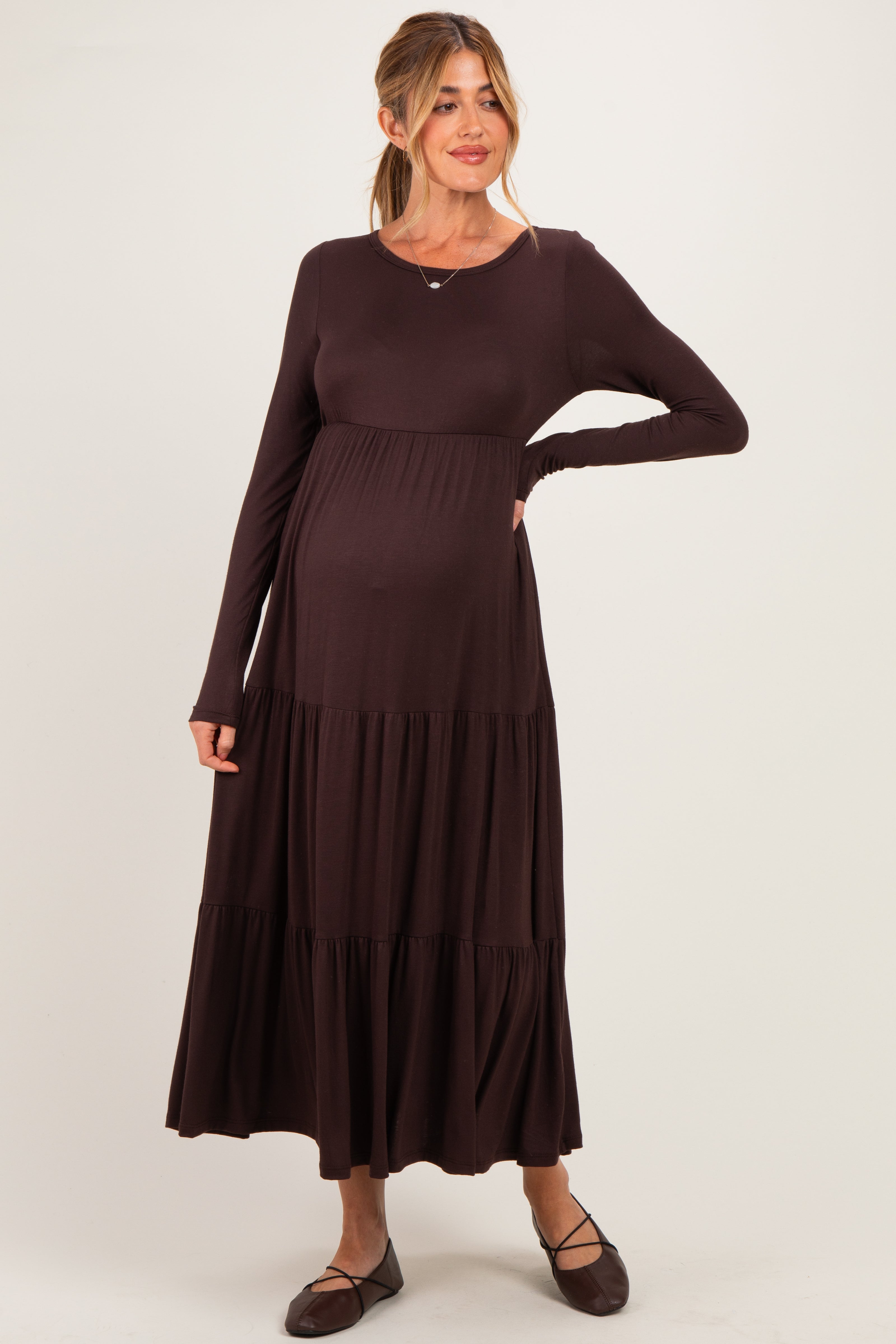 Brown Long Sleeve Maternity Maxi Dress – PinkBlush