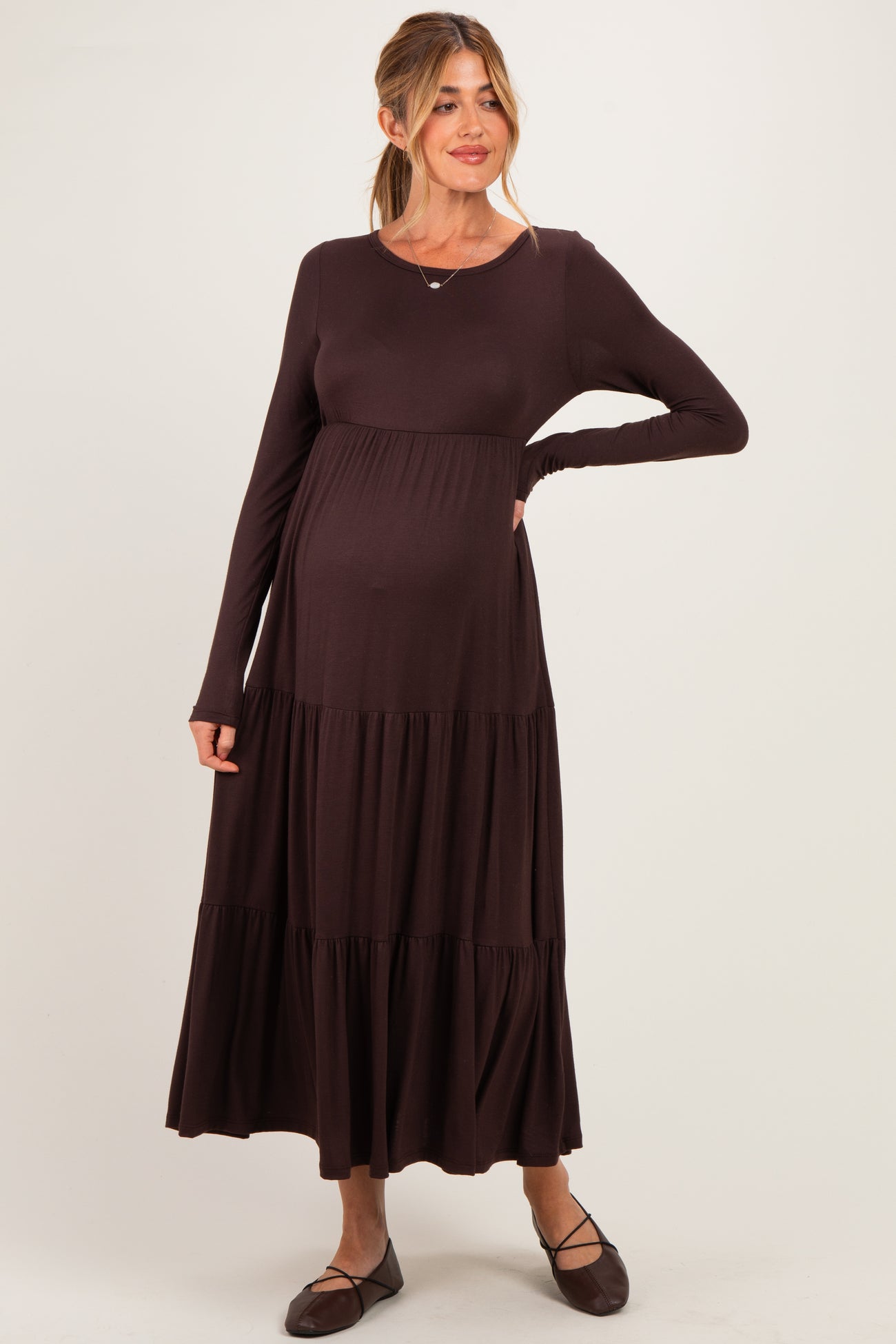 Brown Long Sleeve Maternity Maxi Dress