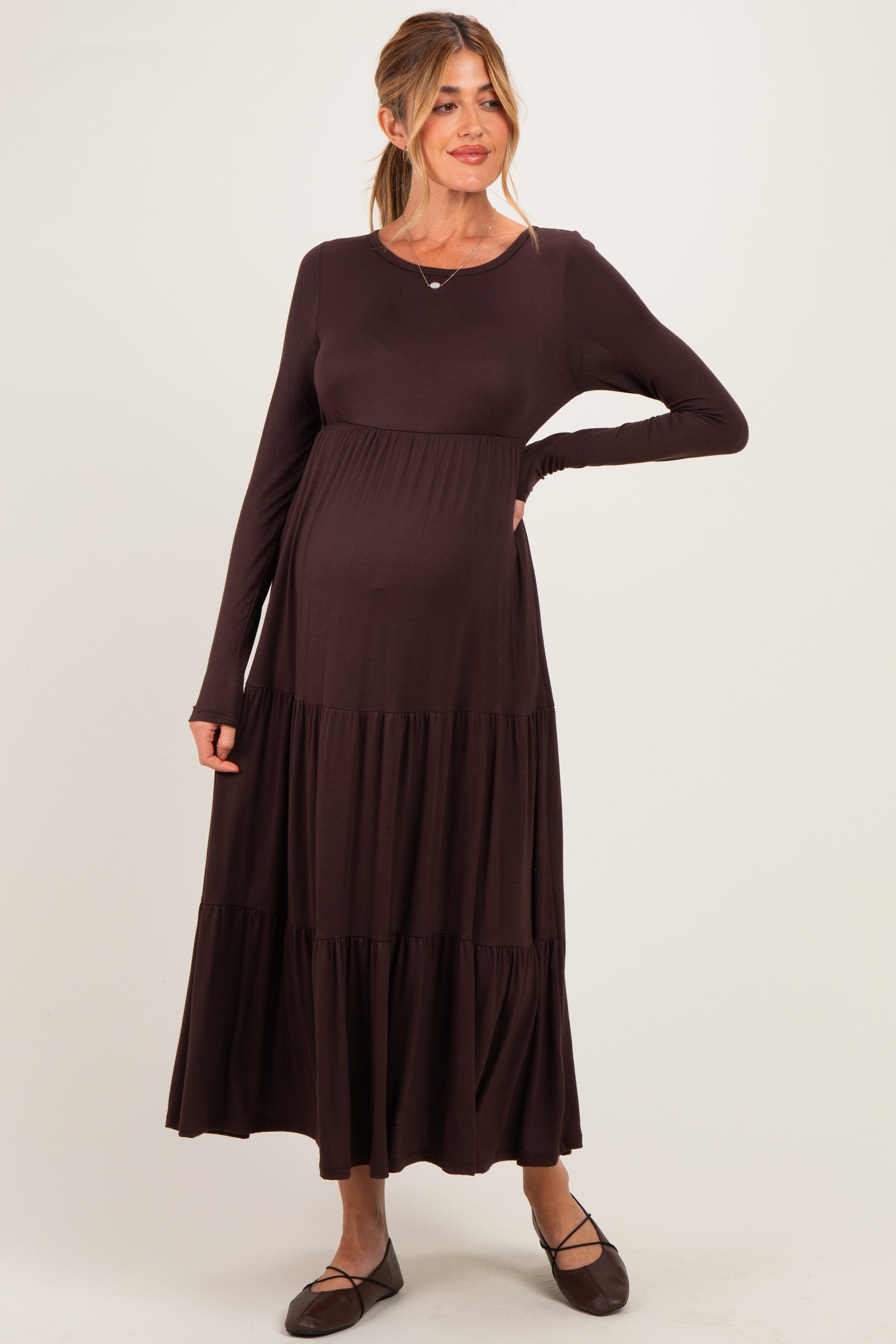 Brown Long Sleeve Maternity Maxi Dress