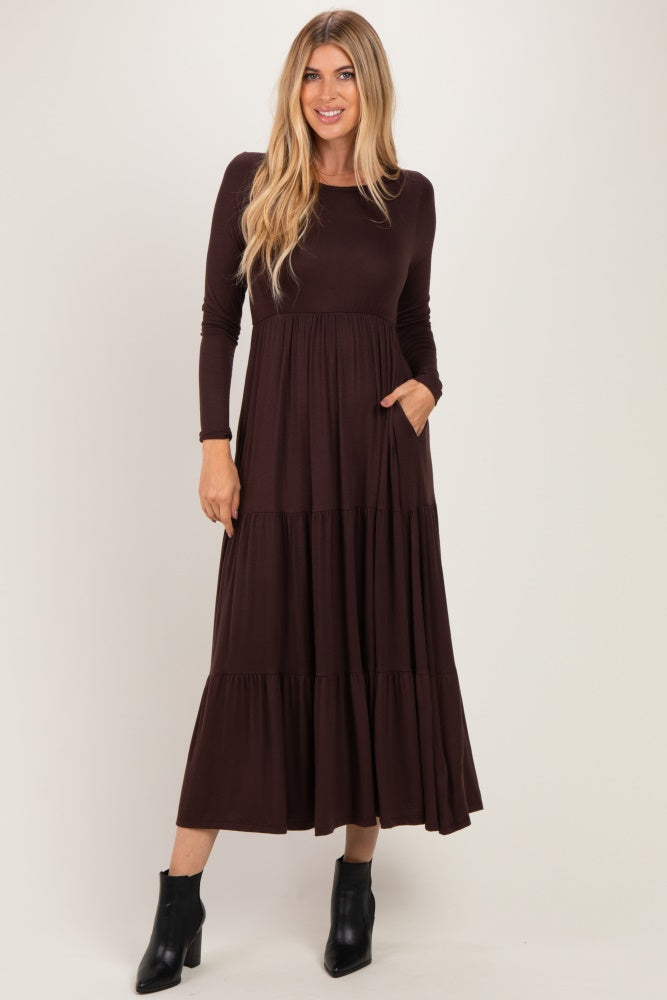 Brown Long Sleeve Maternity Maxi Dress