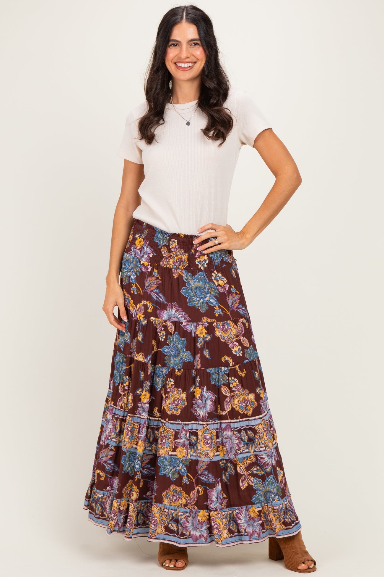 Cocoa Floral Smocked Waistband Tiered Maxi Skirt