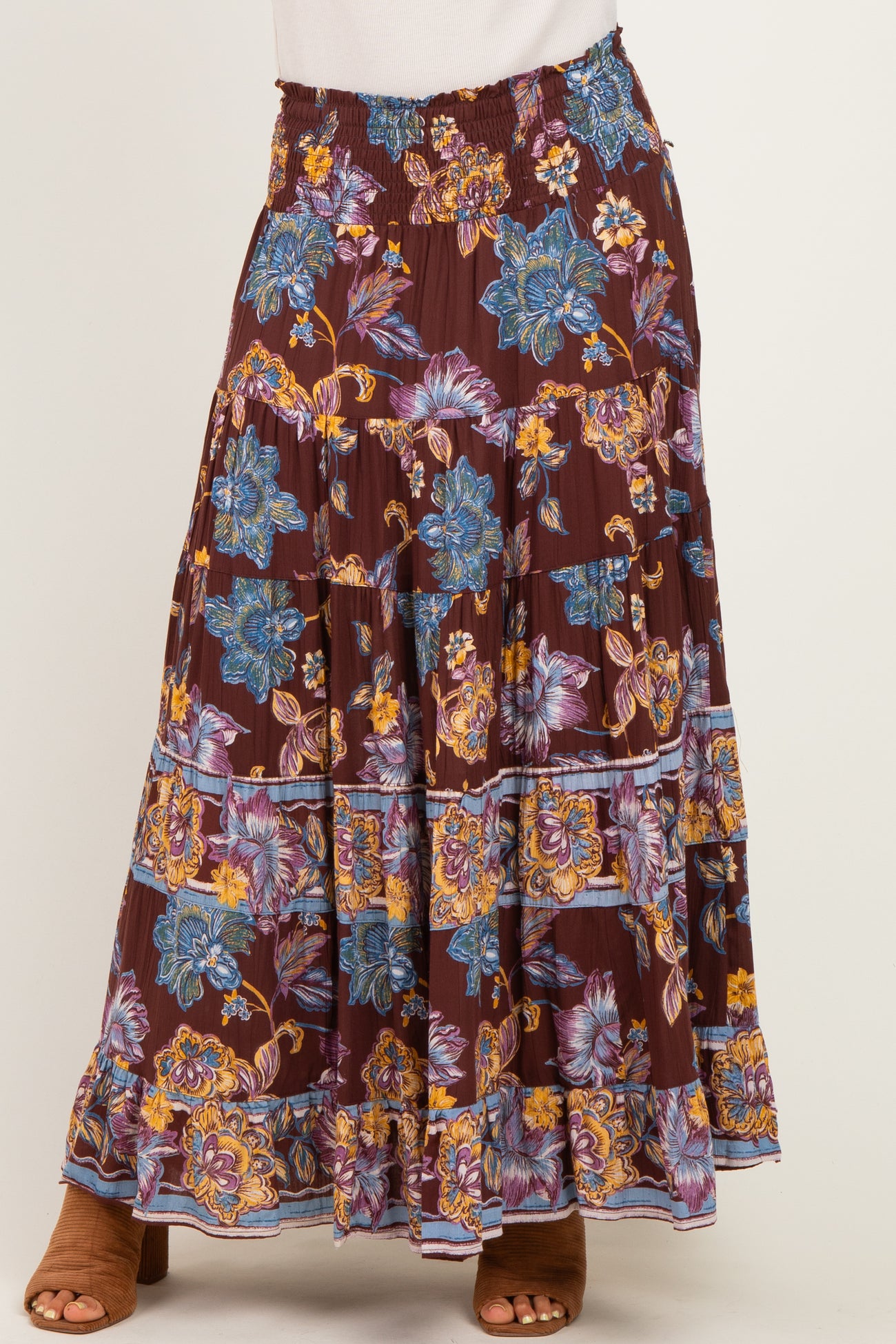 Cocoa Floral Smocked Waistband Tiered Maxi Skirt