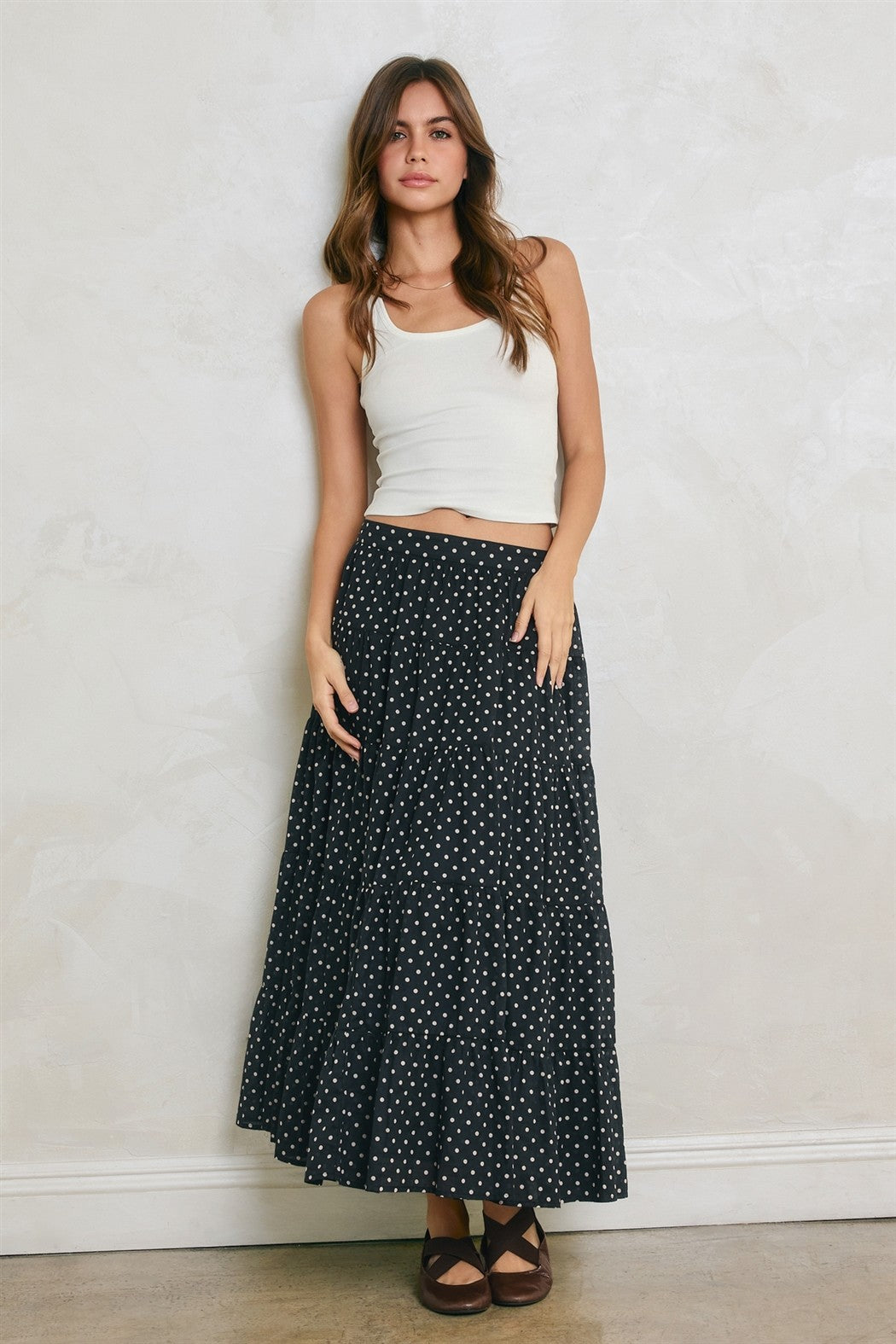 Black Polka Dot Tiered Maternity Maxi Skirt