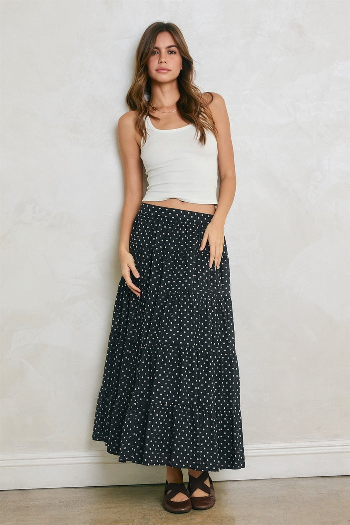 Black Polka Dot Tiered Maxi Skirt