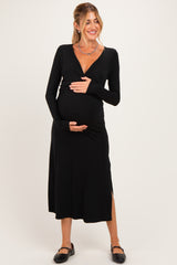 Black Knotted V-Neck Side Slit Long Sleeve Maternity Dress