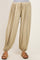 maternity wear beige striped harem pants with an elastic waistband and cuffs, styled with a casual top and sandals