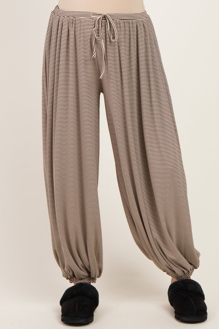 Brown Striped Knit Drawstring Maternity Pants