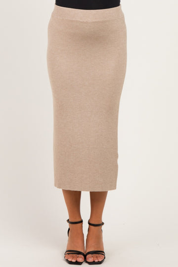 maternity wear beige ribbed midi skirt with a fitted silhouette and a stretchy waistband
