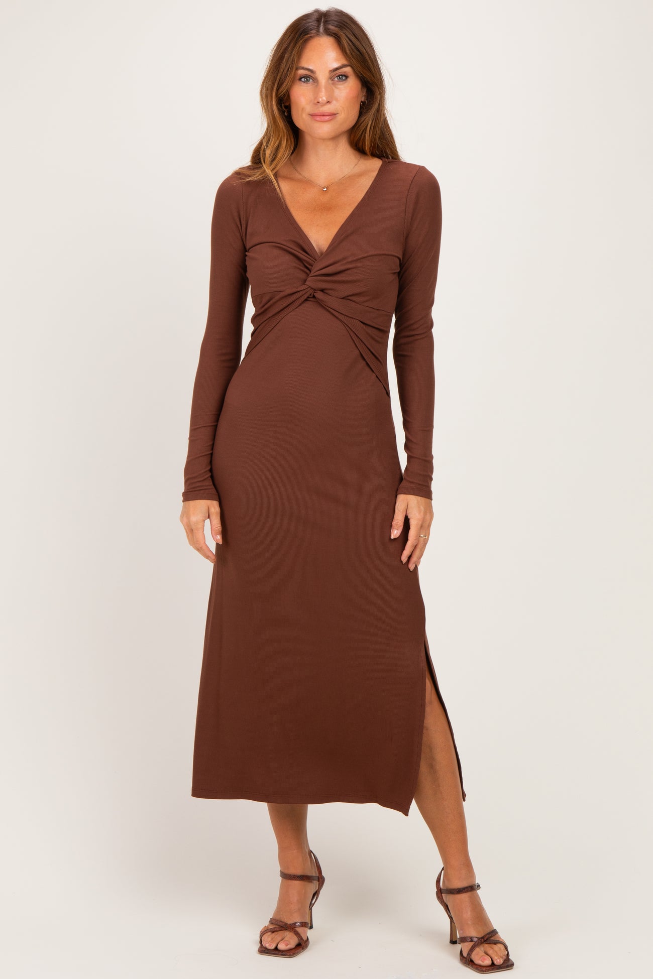 Brown Knotted V-Neck Side Slit Long Sleeve Maternity Dress