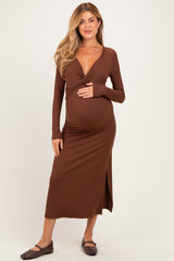 Brown Knotted V-Neck Side Slit Long Sleeve Maternity Dress